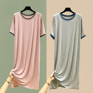 Women's pajamas in summer Modal short -sleeved dress round neck thin pure color casual long skirt nighttime nighttime