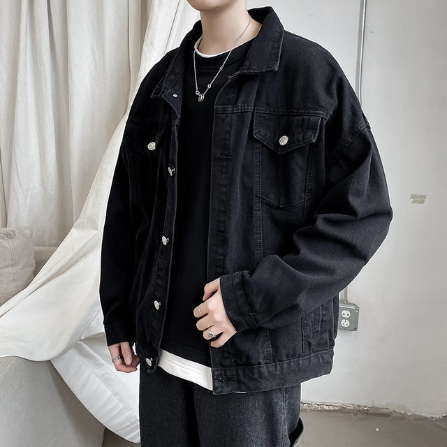 Spring handsome black denim jacket men's trendy loose Korean style ...