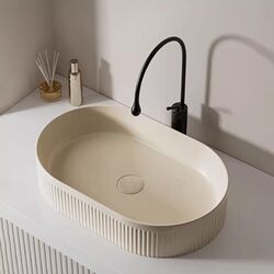 French-Style Cream-Colored Countertop Oval Ceramic Washbasin for Small Apartments, Balcony Art Washbasin, Single Basin