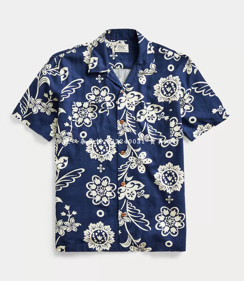 现货RRL Print Linen-Blend Camp Shirt 夏威夷休闲短袖衬衫