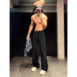 Black Quick-Dry Diagonal-Cut Pants for Men, Summer Thin Fitness Sports Casual Pants, Cleanfit Straight-Leg Slightly Flared Pants