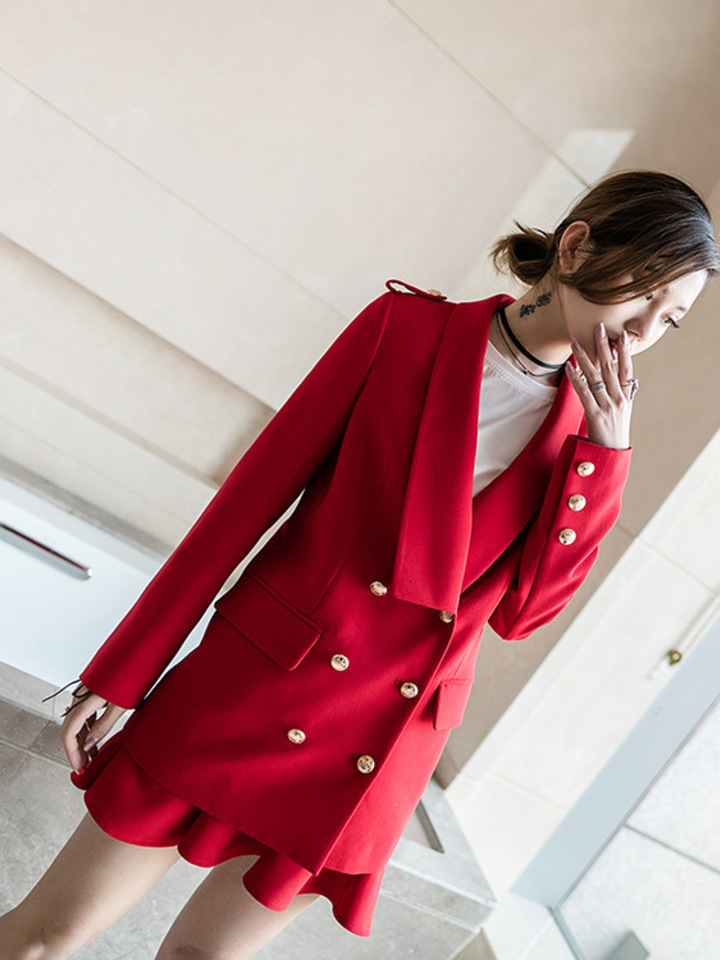 OL西装套装外套韩版红色西服短裙两件套