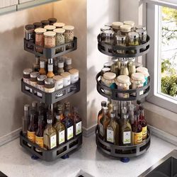 Kitchen Spice Rack, Rotatable Countertop Corner Condiment Storage Rack, Oil, Salt, Sauce, Vinegar Bottle and Jar Organizer, Seasoning Rack