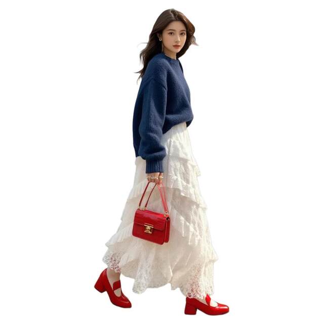 Retro spliced ​​lace white skirt for women 2025 spring new fluffy cake skirt mesh slim A-line long skirt