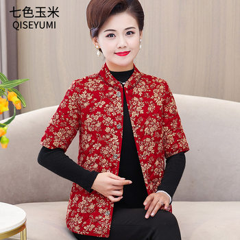 Middle-aged and elderly mothers half-sleeved cotton waistcoat women's vest autumn and winter quilted light cotton coat cotton vest mid-sleeve cotton-padded jacket
