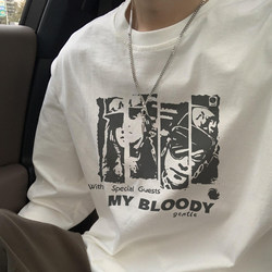 Pure Cotton White Long-Sleeve T-Shirt for Layering in Autumn, Regular Shoulder Top for Men, Suitable for Wearing Outside, American-Style Heavy Print