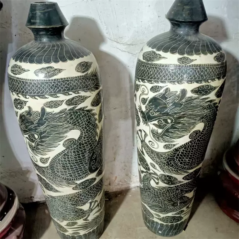 宋代磁州窑手工雕刻龙纹黒瓷龙瓶仿出土超大瓶子老货旧货古董古玩-Taobao