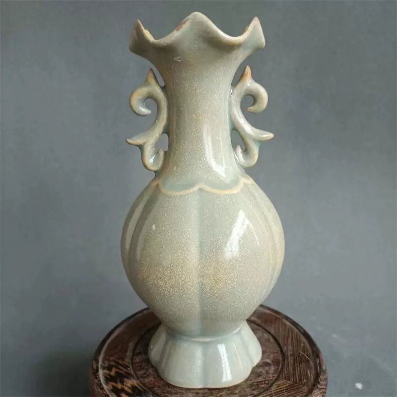 南宋朝汝窑花口仿古瓷双耳瓶花瓶陈设古董古玩老