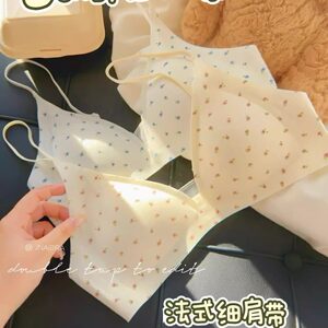 
French floral spaghetti straps seamless underwear for women, thin, slim, no rims, deep V invisible girly bra