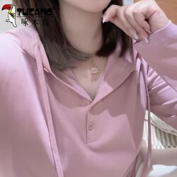 Woodpecker Solid Color Spring Pure Cotton Hooded Long-Sleeve T-Shirt for Women 2026 New Style Loose Slimming Casual Age-Reducing Top