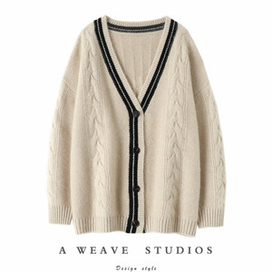 Fashionable vane! Color stripes V -neck pure cashmere cardigan loose female sweater coarse stick knitted jacket
