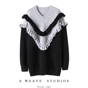 
More than a little bit good~ Thickened ruffled color-blocked V-neck cashmere sweater for women's pure cashmere sweater mid-length loose