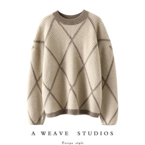 
Temperament Pampering ~ Heavy Thickness! Diamond Jacquard Round Neck Cashmere Sweater Women's Pure Cashmere Sweater Loose