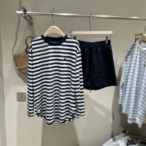 
Tencel linen sun protection top set for women 2026 summer new striped long-sleeved T-shirt + high-waisted shorts two-piece set