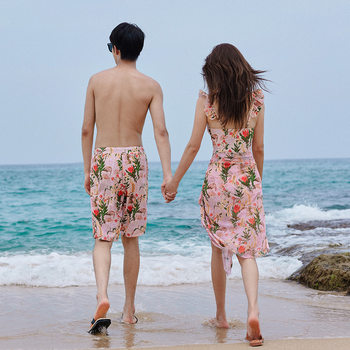 Couple set Swimsuit Female conjoined men's beach pants conservative

