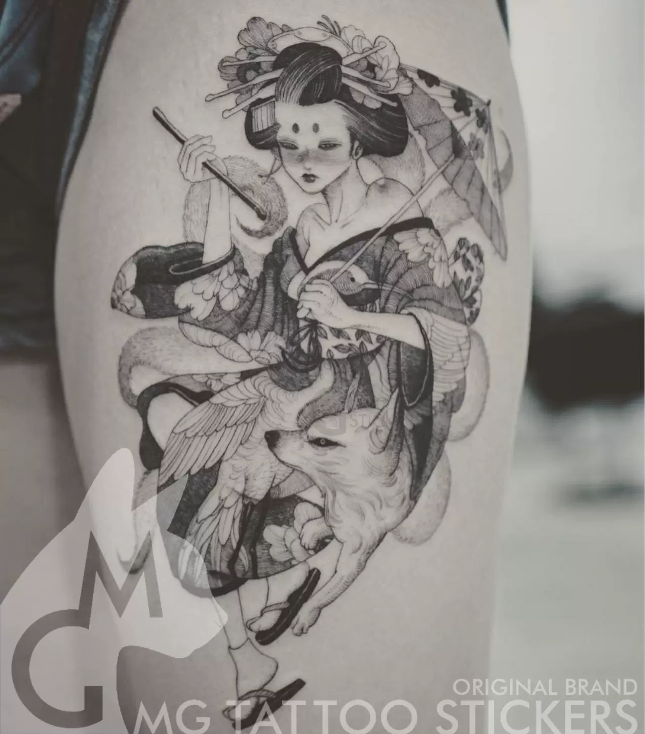 Mg纹身贴 手绘tattoo 日式浮世绘九尾狐白鹤美艳花魁