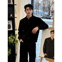 Henry Collar American Style Long-Sleeve Polo Shirt for Men, Autumn and Winter, Fleece-Lined, Thickened, High-End, Cool and Stylish, Regular Shoulder Sweatshirt, Base Layer Shirt