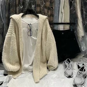 
New autumn and winter products e-quality simple, lazy casual and loose hooded mid-length sweater cardigan sweater big jacket