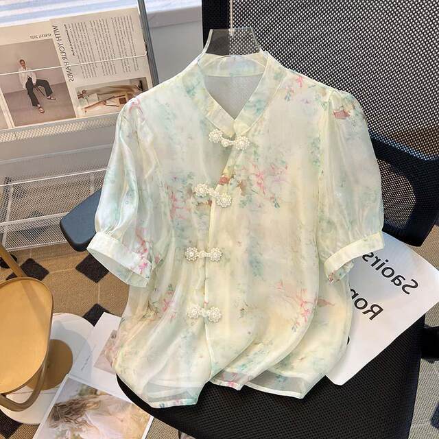 Loose large size fat mm300Jin [Jin equals 0.5 kg] New Chinese floral shirt for women in summer stand-alone neckline button-down shirt puff short-sleeved shirt