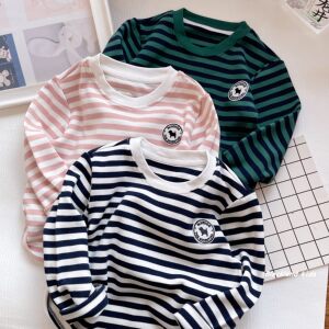 
100-160 yards, spring and autumn children's clothing, boys and girls, children's yarn-dyed stretch cotton striped long-sleeved T-shirt bottoming shirt