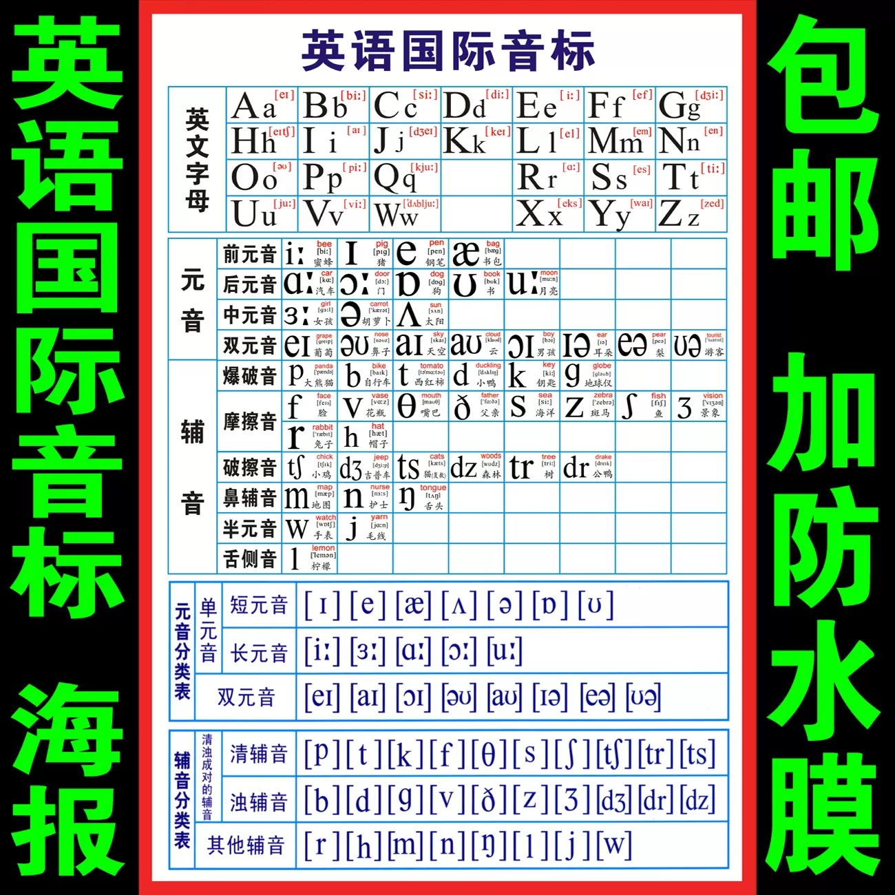 包邮英语国际音标挂图海报26个英文字母元音辅音分类表发音表墙贴 Taobao