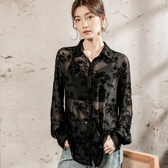 2025 spring and summer new black flocking mesh shirt for women mid-length sun protection women long-sleeved casual top