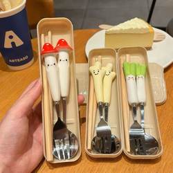 Cute ins Portable Spoon and Chopstick Set with High Aesthetic Value, Fork, Student and Office Worker Non-Slip Tableware Three-Piece Set