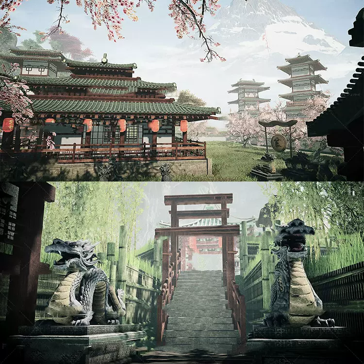 Unity3d富士山下日本庭院hdrp 和風建築鳥居寶塔場景cg素材