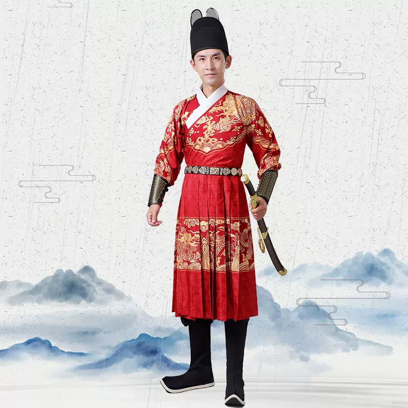 新式汉服男明朝锦衣卫服装大明风华飞鱼服曳撒麒麟红色中式伴郎服  