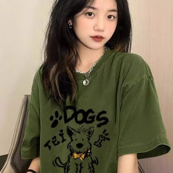 American Retro Olive Green Plus-Size Short-Sleeve T-Shirt for Women, Summer Loose Fit, Versatile Design, Trendy Brand Half-Sleeve ins