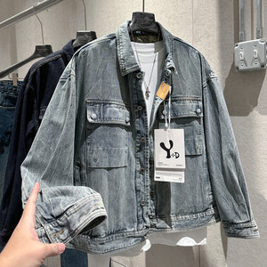 
Early Spring Lapel Button Coach Jacket Men's Personalized Washed and Distressed Large Pocket Design Three-dimensional Cutting Slim Jacket