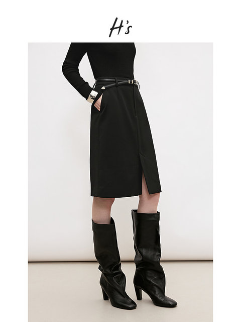 HS retro versatile straight pencil skirt 2024 winter new product women's high-end slit skirt suit skirt
