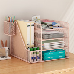File Storage Rack, Desktop Multi-Layer Document Organizer, File Classification and Layering Storage Box, Office Supplies, Stationery Storage Basket, Simple Iron Art A4 Paper Book Stand, Vertical Book Holder