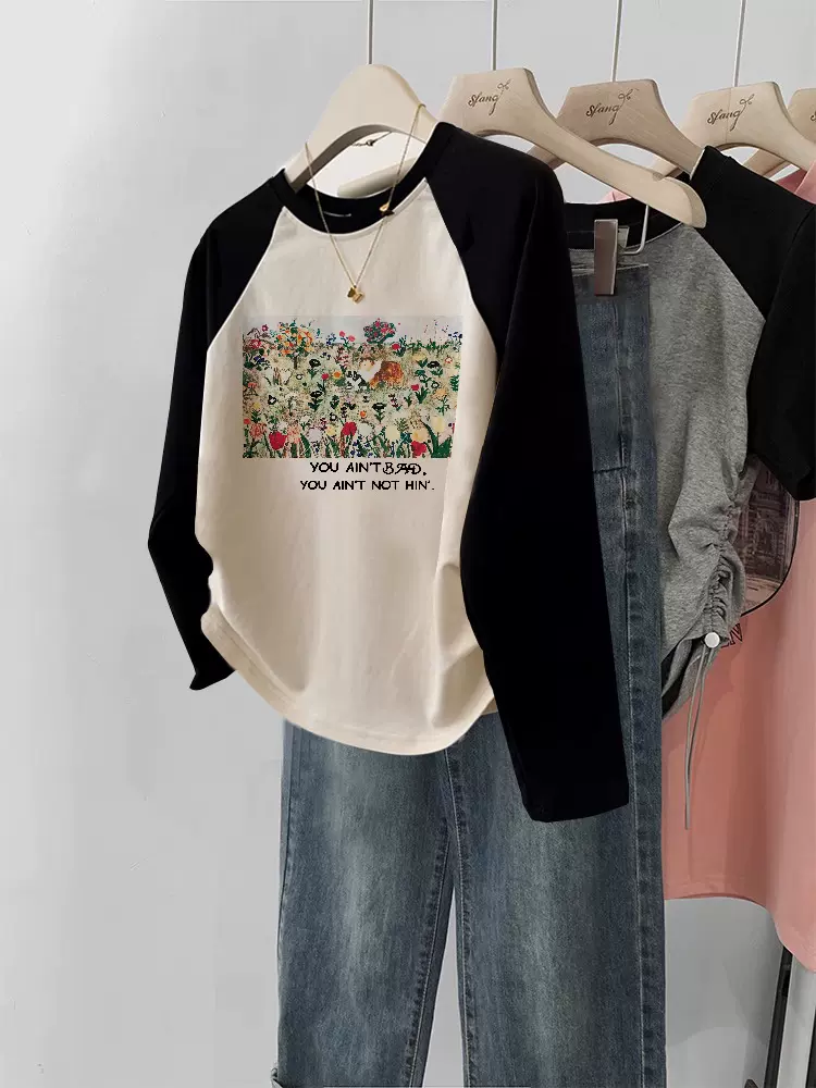 韓系chic拼接短版T恤女秋季2023新款大尺碼修身內搭長袖上衣打底衫-Taobao