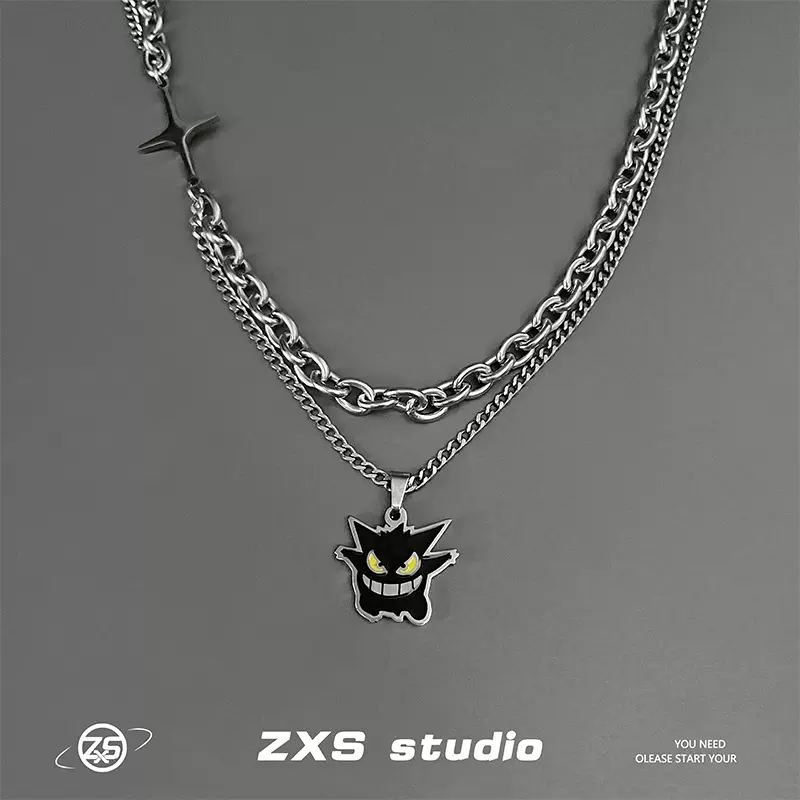 ZXS高级感黑色耿鬼双层项链男潮小众设计ins嘻哈个性钛钢锁骨链女 