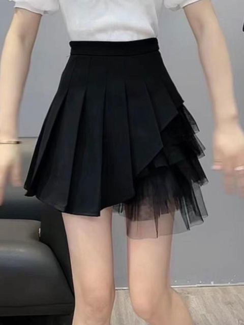 Net yarn stitching pleated skirt women's design sense niche summer high waist is thin black chiffon A -line skirt