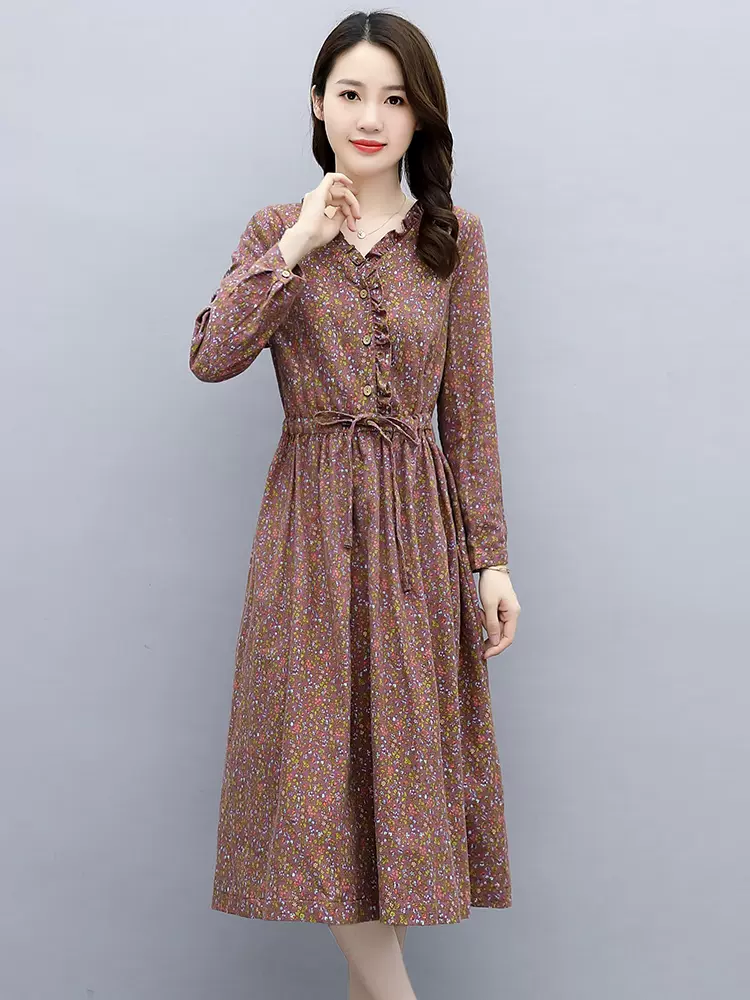 棉麻素订长袖连衣裙女2025新款春夏高端喜妈妈结婚广州十三行裙子