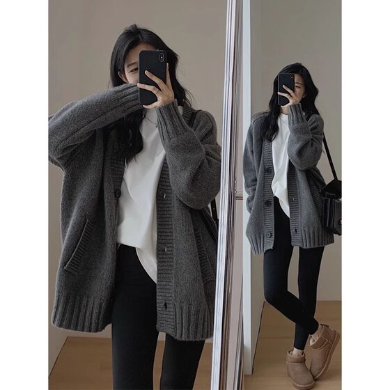 
Japanese retro v-neck thickened mid-length gray knitted cardigan for women in autumn and winter Korean style lazy loose sweater jacket