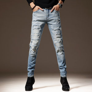 
American high street light color beggar ripped jeans for men autumn new retro washed casual slim-fitting pants