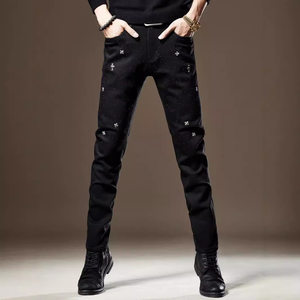 European station high-end black hot diamond jeans for men in spring and autumn slim fit small feet trendy casual elastic handsome pants