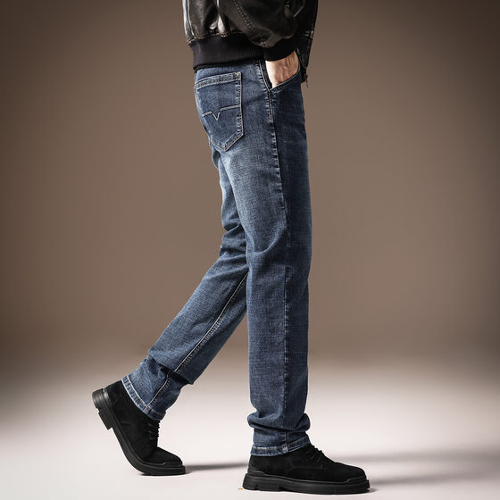 
High-end light business retro jeans men's trendy brand straight 2025 new slim fit small feet casual stretch pants for men
