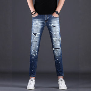 
Ripped nine-point jeans men's slim fit pants American high street casual trend versatile nine-point pants men's blue