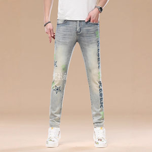 
Trendy Fashion Printed High-end Jeans Men's Elastic Slim Small Feet 2025 Spring and Summer New Light Blue Long Pants