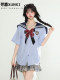 
XunXI Campus style contrasting striped shirt for women in summer JK uniform bow short-sleeved sailor clothes top