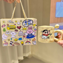 Crayon Shin-Chan Ceramic Mug with Lid and Spoon, High-Value Milk Measuring Cup for Boys and Girls, Couple's Coffee Breakfast Cup