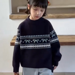 
86009 Qiaojia all-in-one velvet jacquard sweater children's clothing early spring style for boys and girls plus velvet knitted pullover for middle and large children