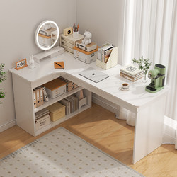 Cream-Colored Desk with Integrated Corner Computer Desk and Bookshelf, Suitable for Girls' Bedrooms, Corner Dressing Table, Space-Saving Home Desk