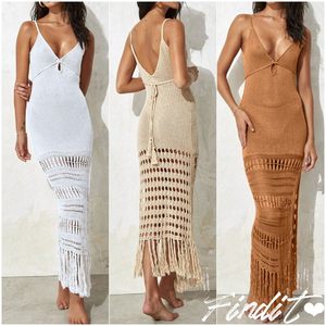 
Findit European and American sexy knitted hollow beach cover-up lace-up fringed bikini swimsuit beach suspender long skirt