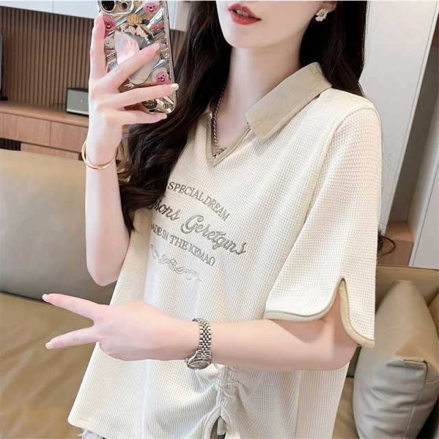 Ringling POLO shirt short -sleeved T -shirt women's summer Korean version loose large size women's contrasting color irregular split shirt
