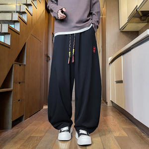 
New national style trendy versatile wide-leg pants for spring and summer men's large size thin ice silk casual embroidered straight carrot pants